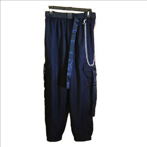 Dressin Belted Pull-on Black Pants Removable Chain Women Size L